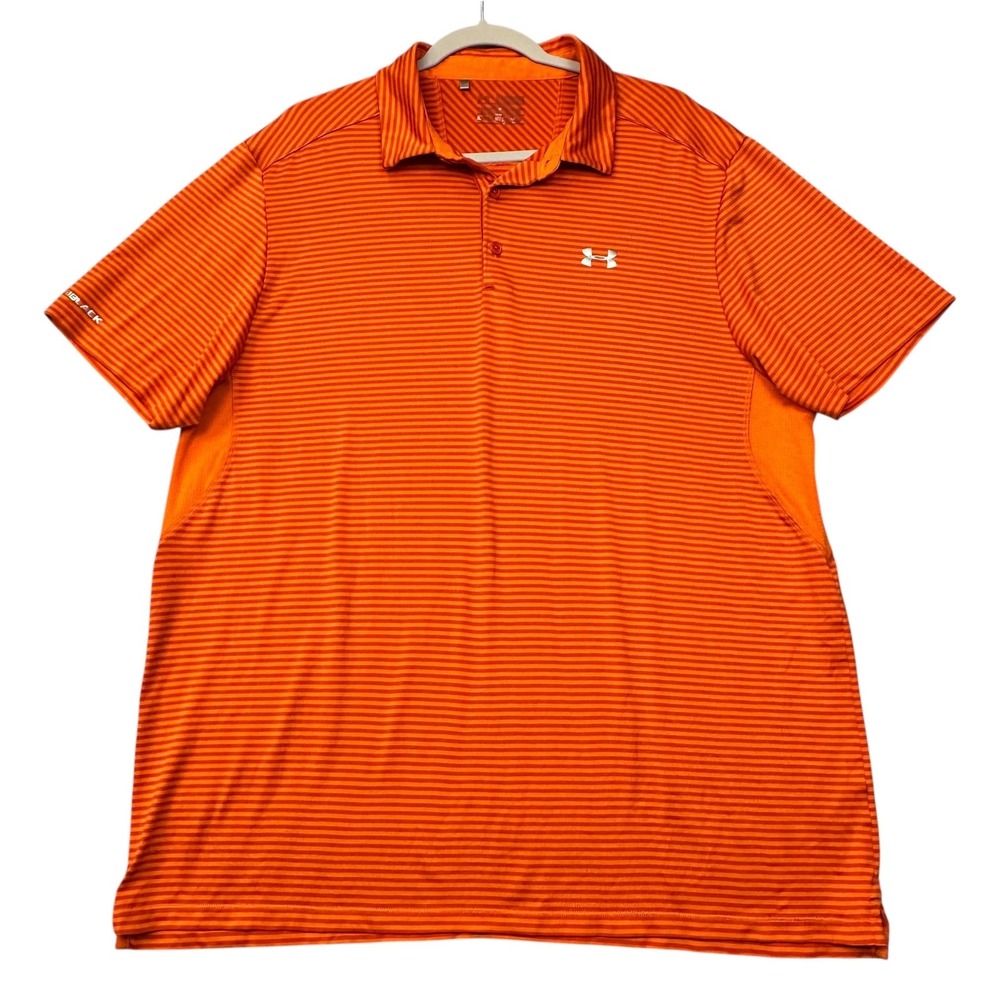 Under Armour Shirt Mens 2XL Orange ColdBlack‎ Striped Golf Polo Athletic 1237030